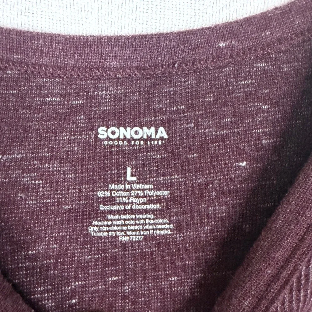 Sonoma Mens Thermal Shirt Large Burgundy Waffle Knit Long Sleeve Crew Neck L